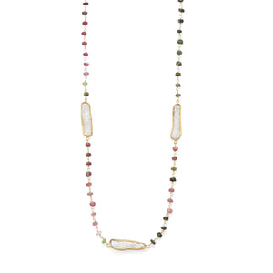 24" 14 Karat Gold Plated Tourmaline and Cultured Freshwater Pearl Necklace