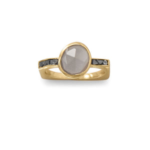 14 Karat Gold Plated Grey Moonstone and Diamond Chips Ring